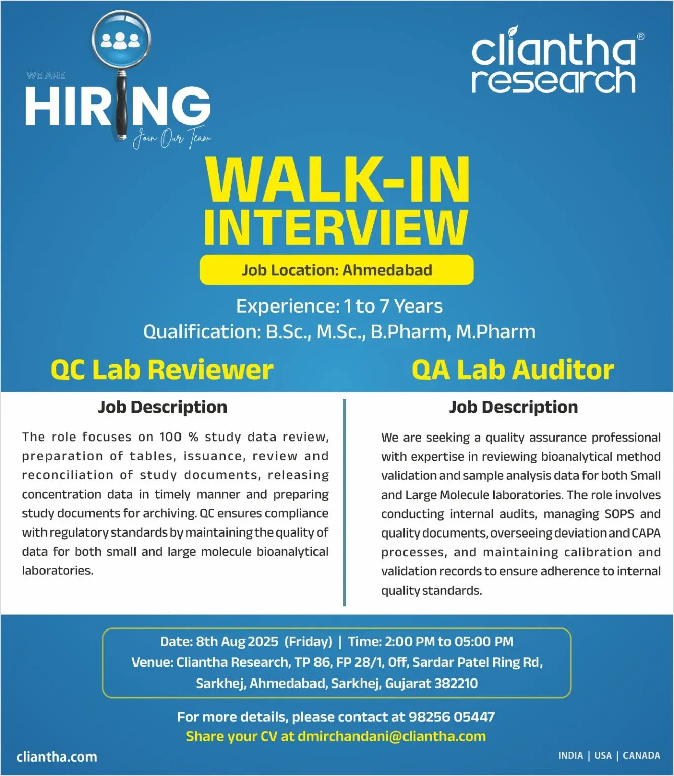 Cliantha Research Walk-In QC Lab Reviewer, QA Lab Auditor