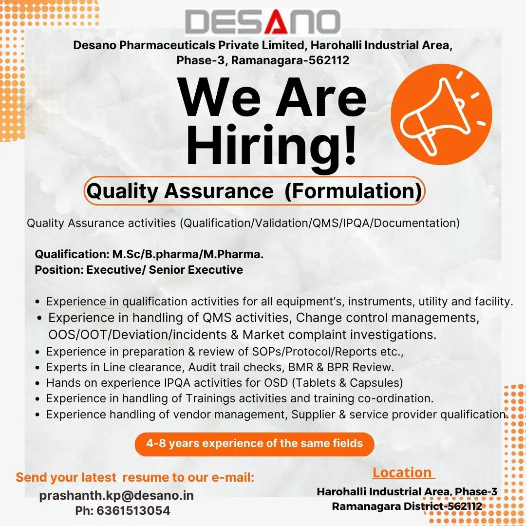 Desano Pharmaceuticals Hiring QA Executives & Sr. Executives