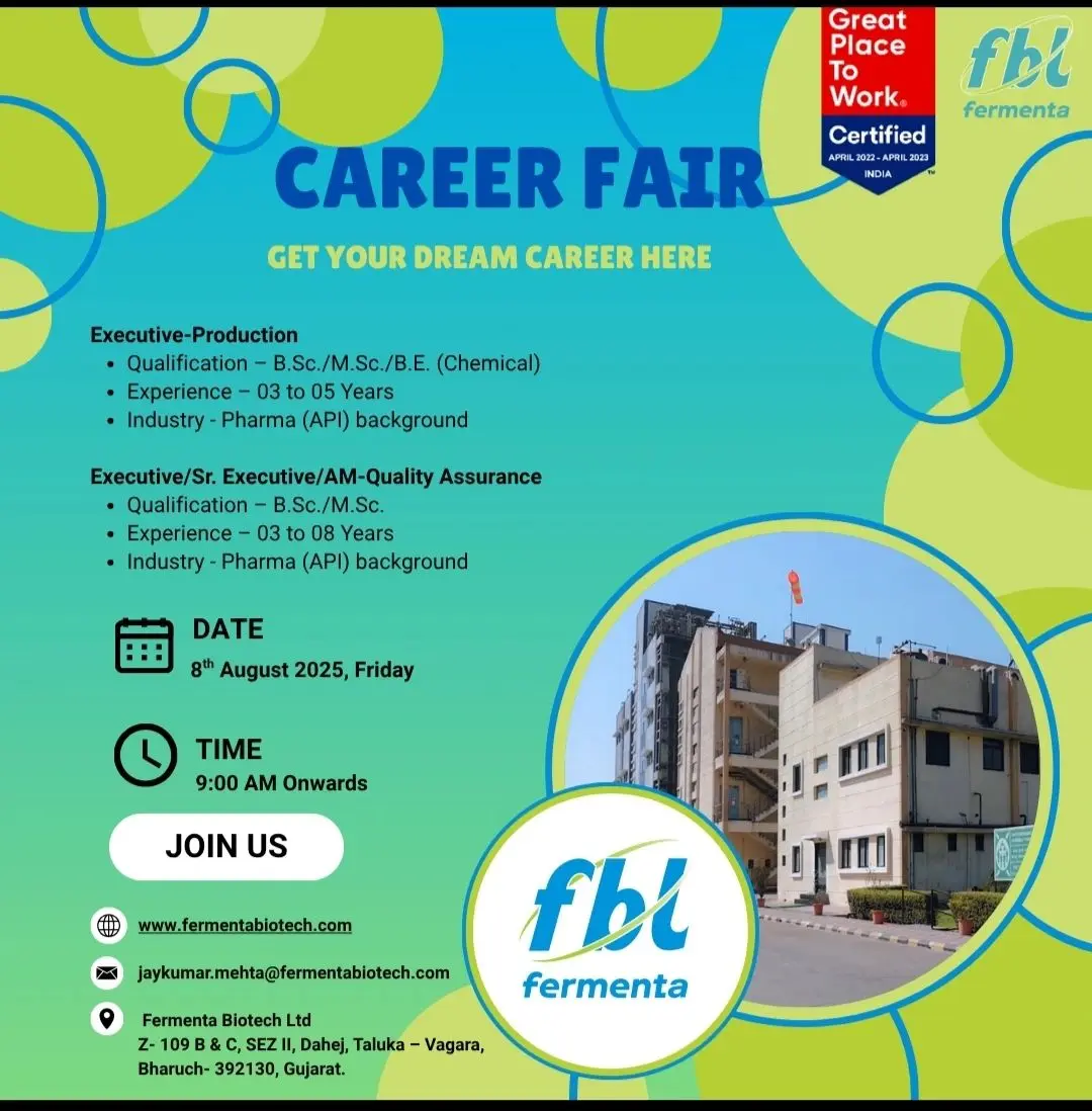 Fermenta Biotech Walk-in Production (Executive); QA (Executive to AM)