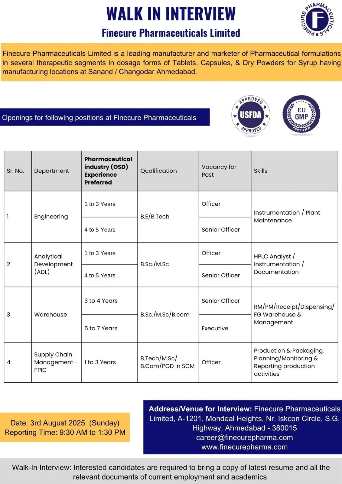 Finecure Pharmaceuticals Walk-In ADL, Engineering, Warehouse, SCM