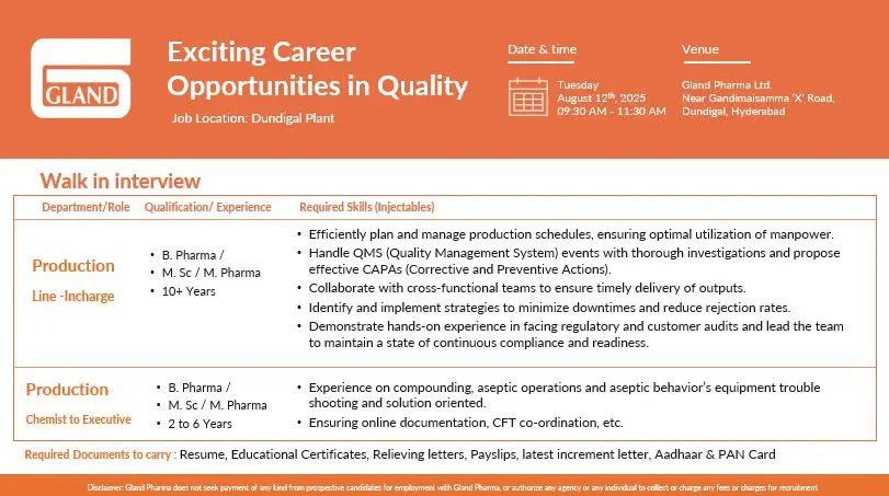 Gland Pharma Walk-In Production (Line Incharge, Chemist to Executive)