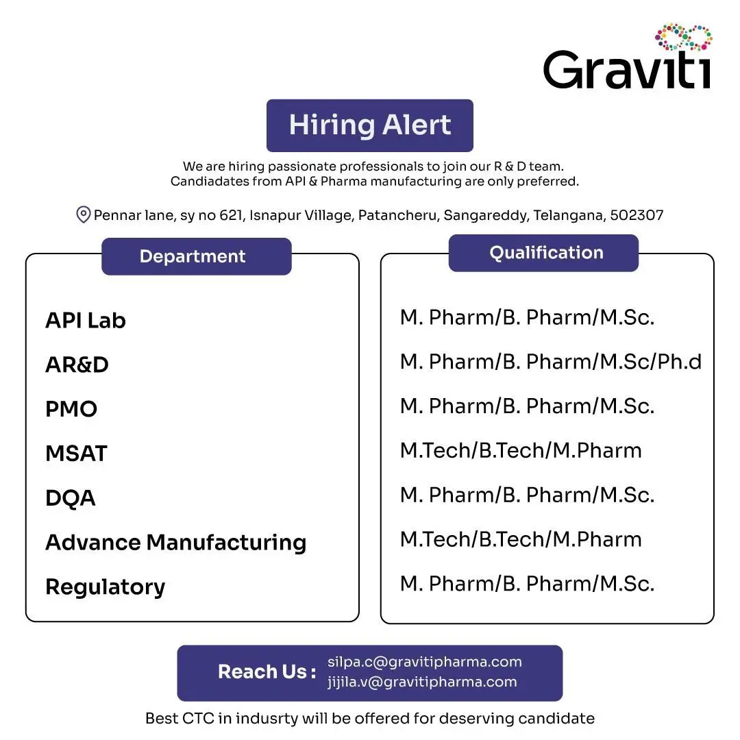 Graviti Pharma hiring for R&D in API & Pharma manufacturing