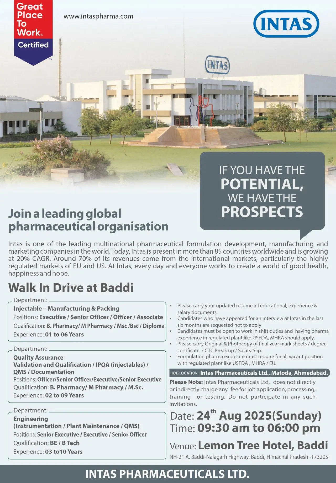 Intas Pharmaceuticals Walk-In Manufacturing, QA (Injectables), Engineering