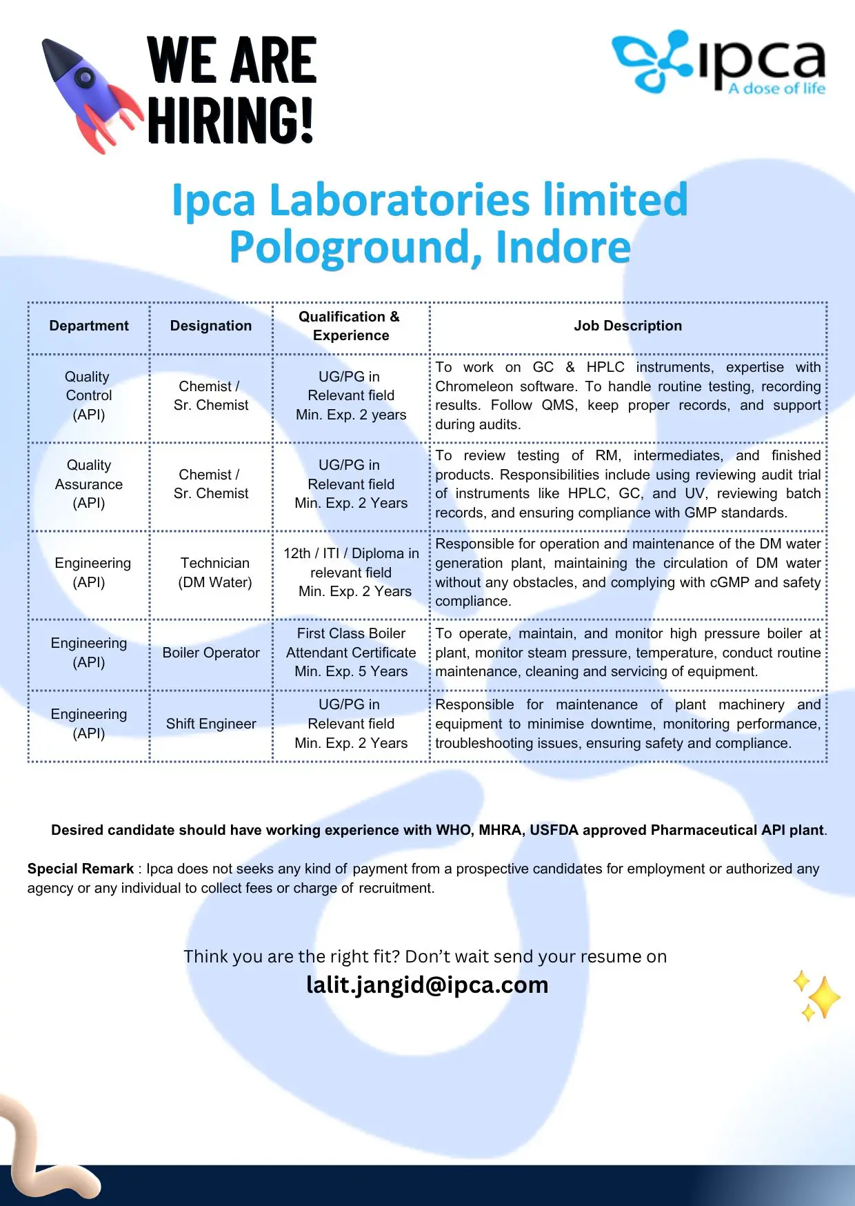 Ipca Laboratories Hiring QC, QA, Technician, Boiler Operator, Engineer