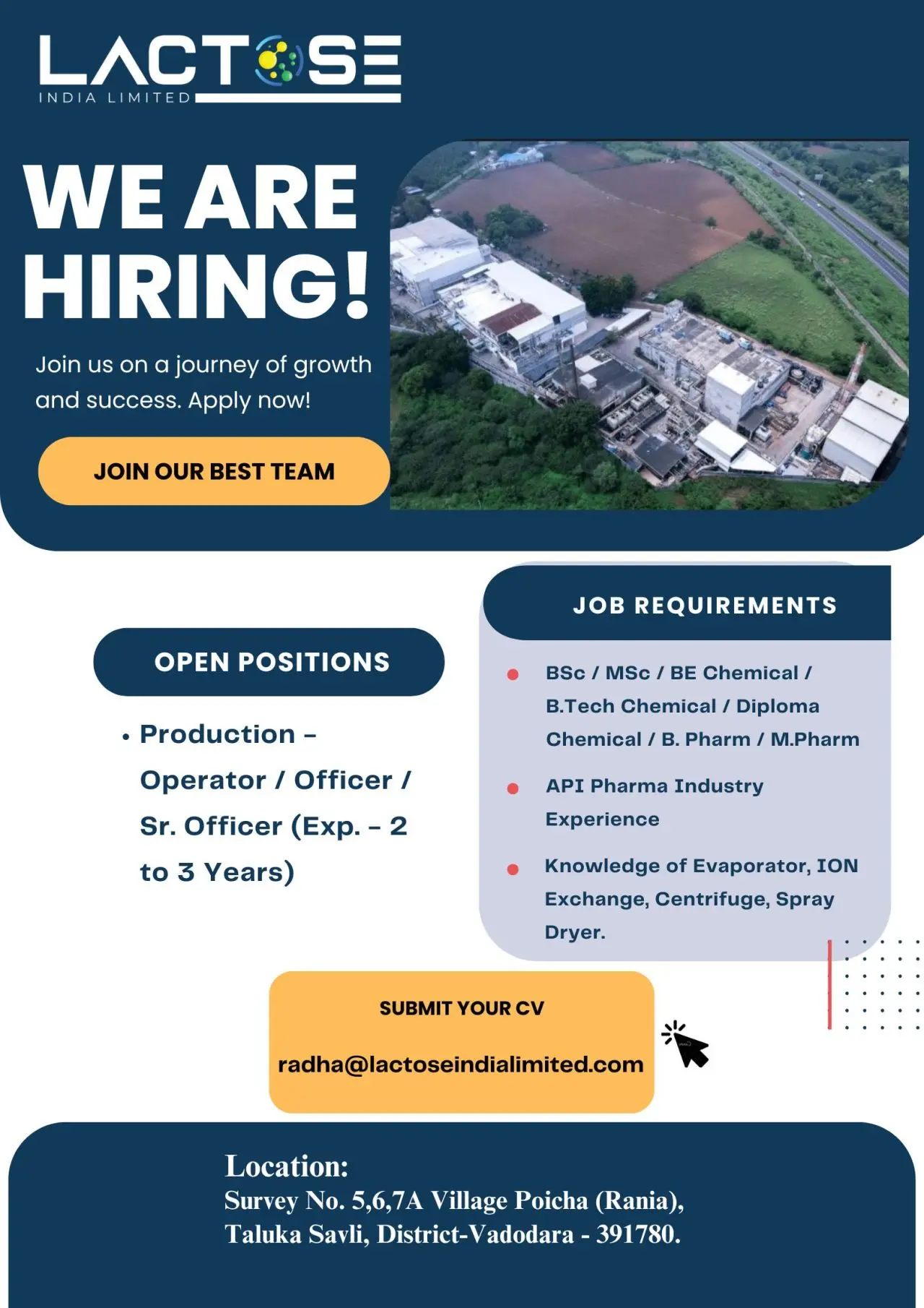 Lactose India Hiring Production (Operator, Officer, Sr. Officer)