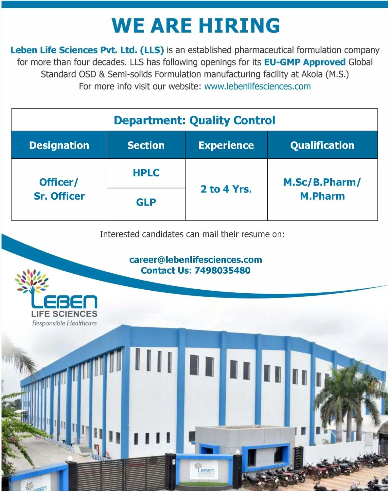Leben Life Sciences Hiring Officer/Sr. Officer – Quality Control (HPLC, GLP)