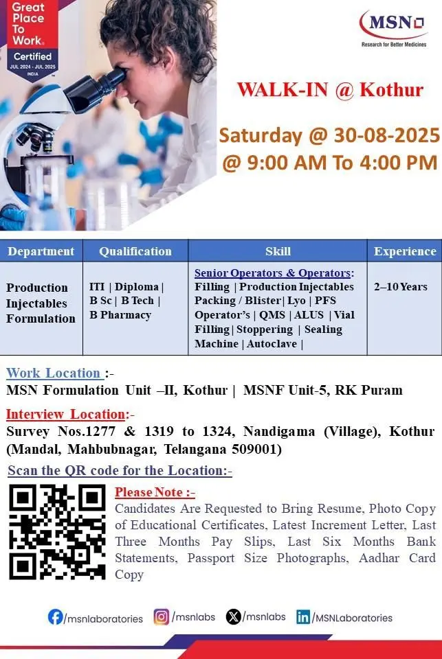 MSN Laboratories Walk-In Openings,Production Operators