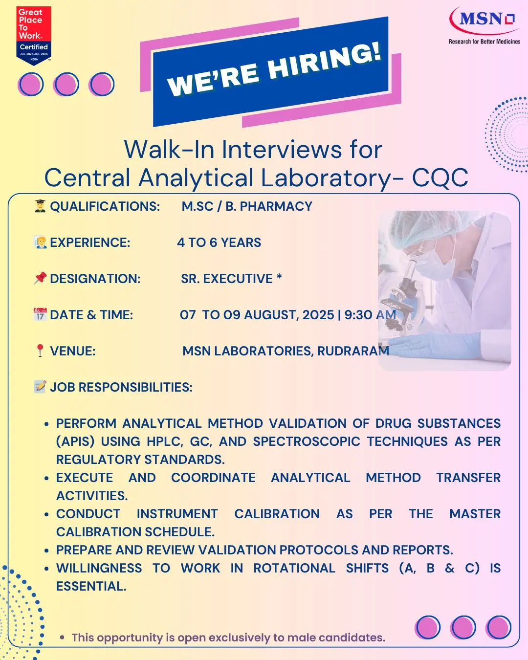 MSN Laboratories Walk-in Central Analytical Laboratory – Sr. Executive (CQC)