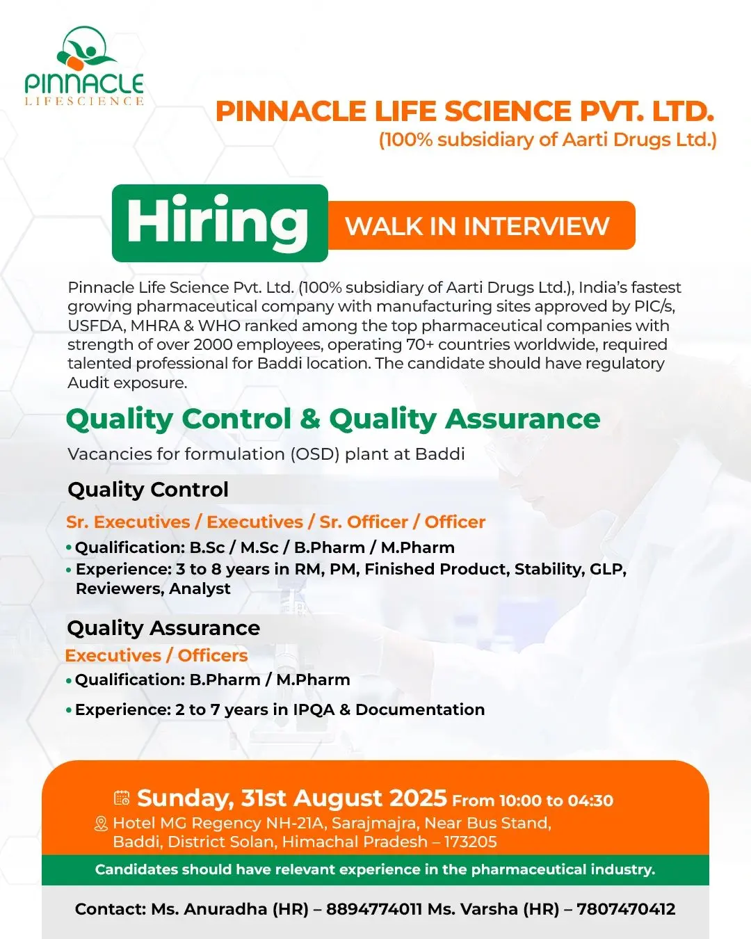 Pinnacle Life Science Walk-in Quality Control & Quality Assurance