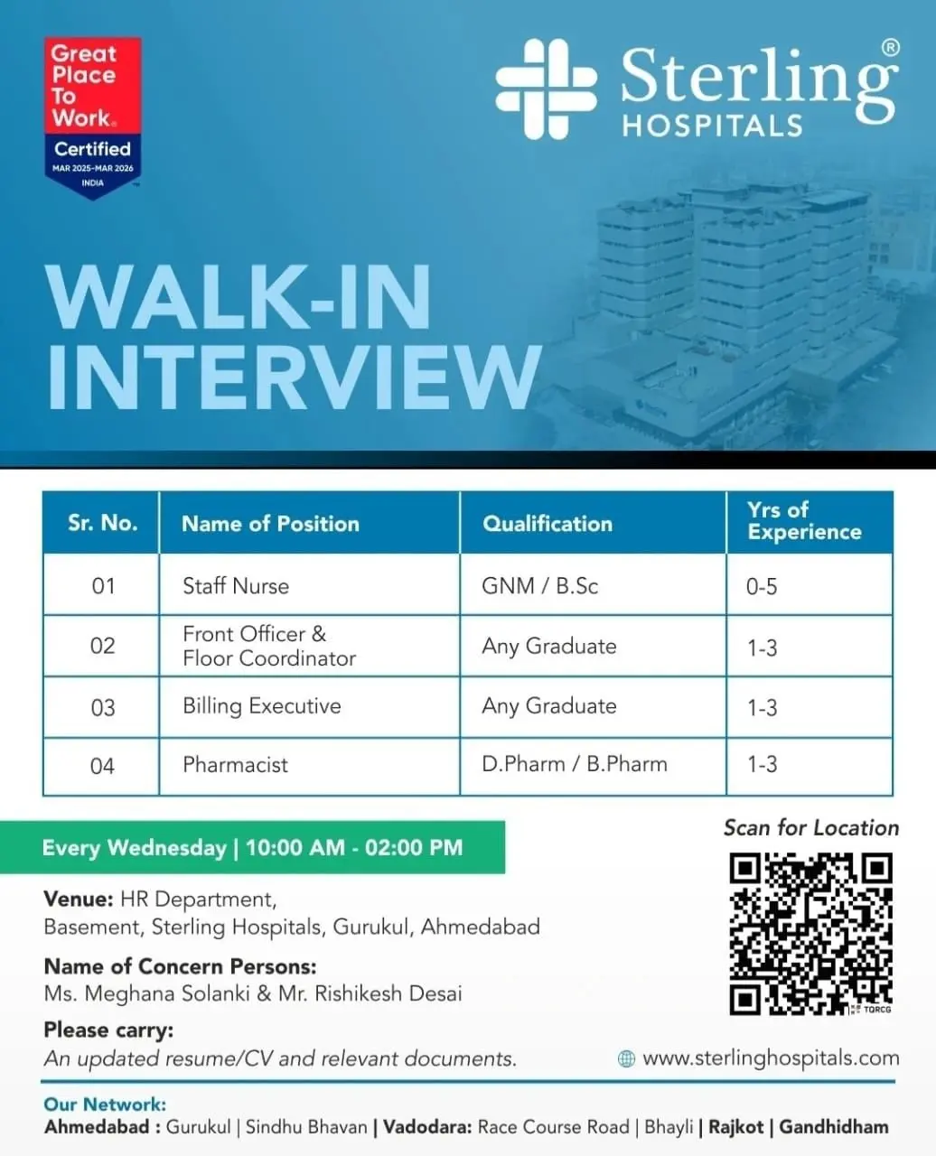 Sterling Addlife India Hiring Staff Nurse, Pharmacist, Billing Executive, Front Officer