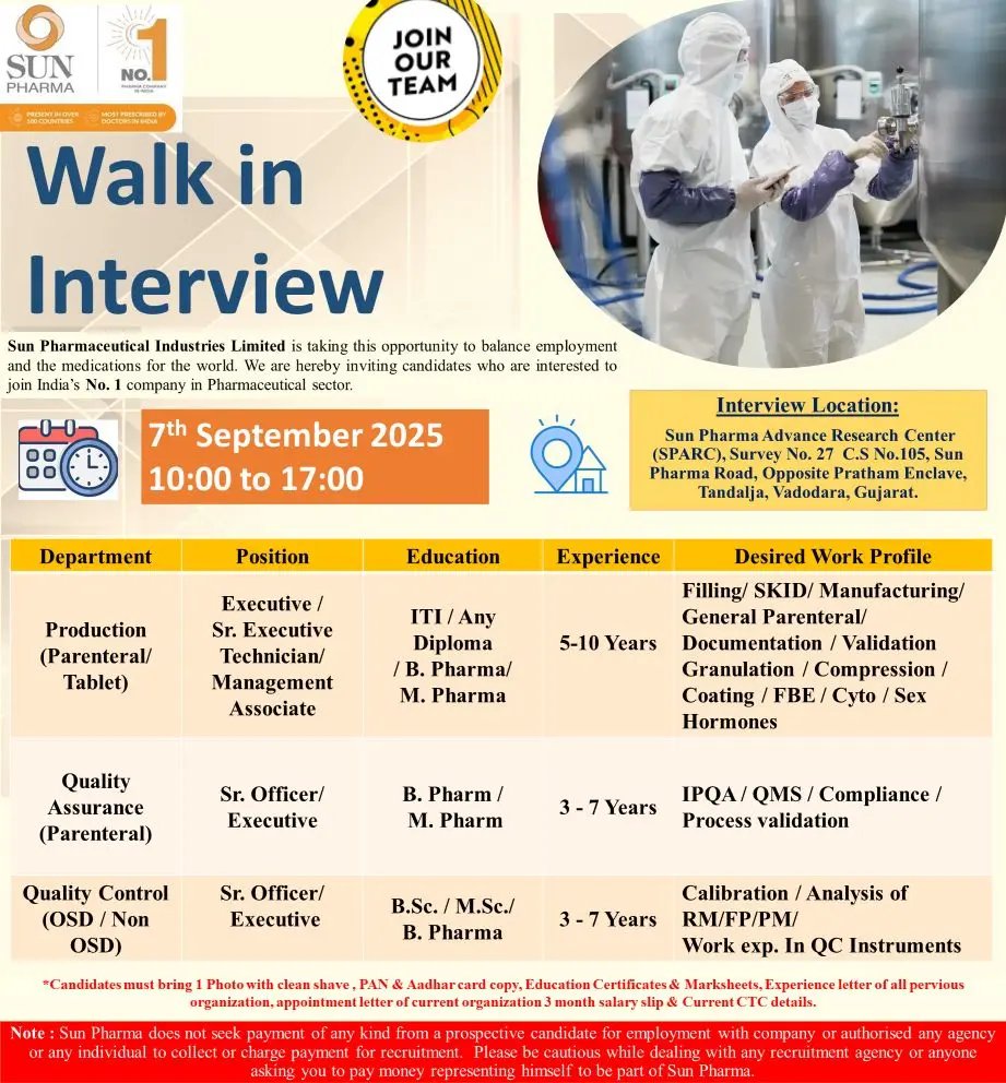 Sun Pharma Walk-in Production, QA & QC
