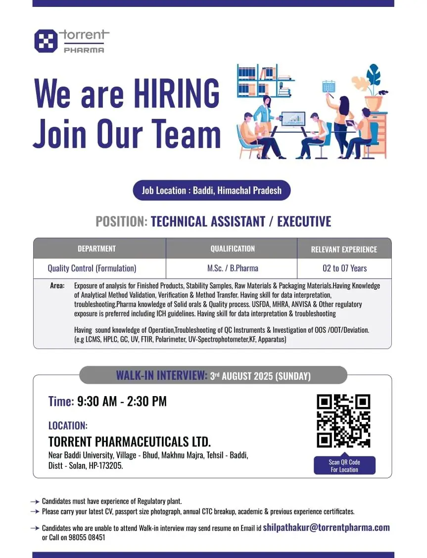 Torrent Pharmaceuticals Walk-in QC – Technical Assistant / Executive