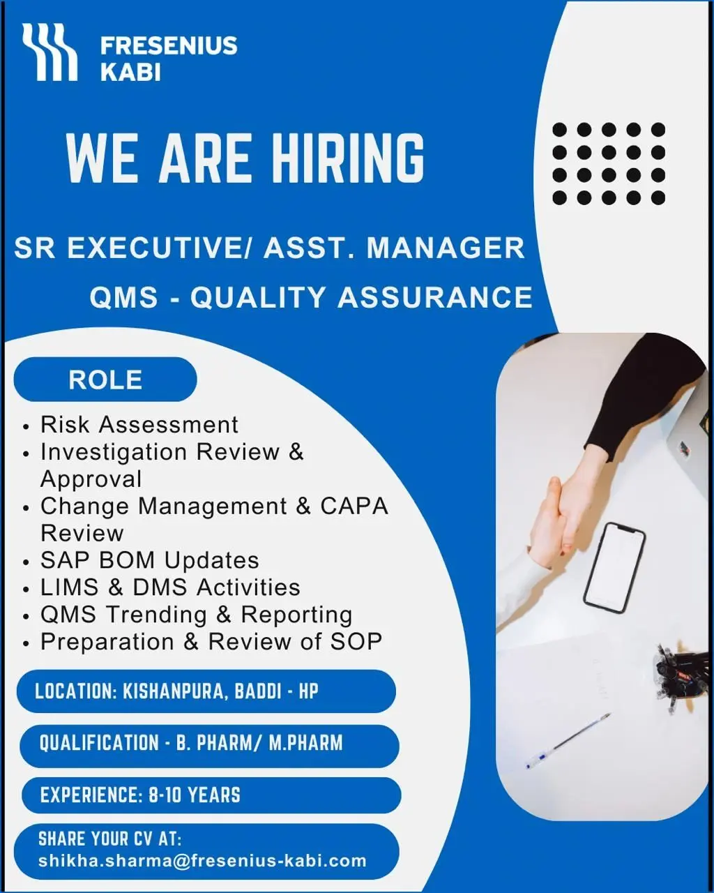 Fresenius Kabi Hiring Sr. Executive/Asst. Manager QA QMS