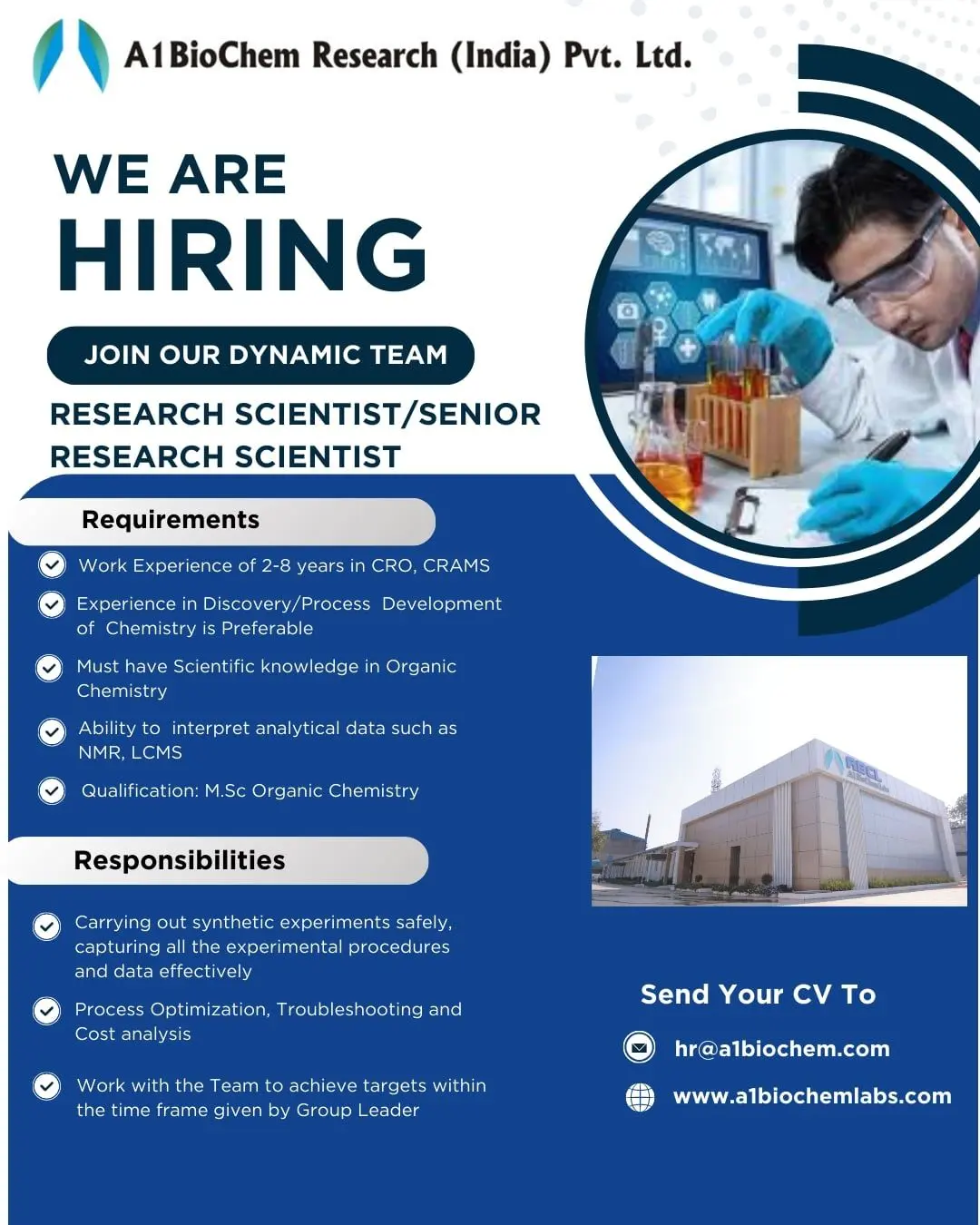 A1 BioChem Research Hiring Research Scientist & Sr. Scientist