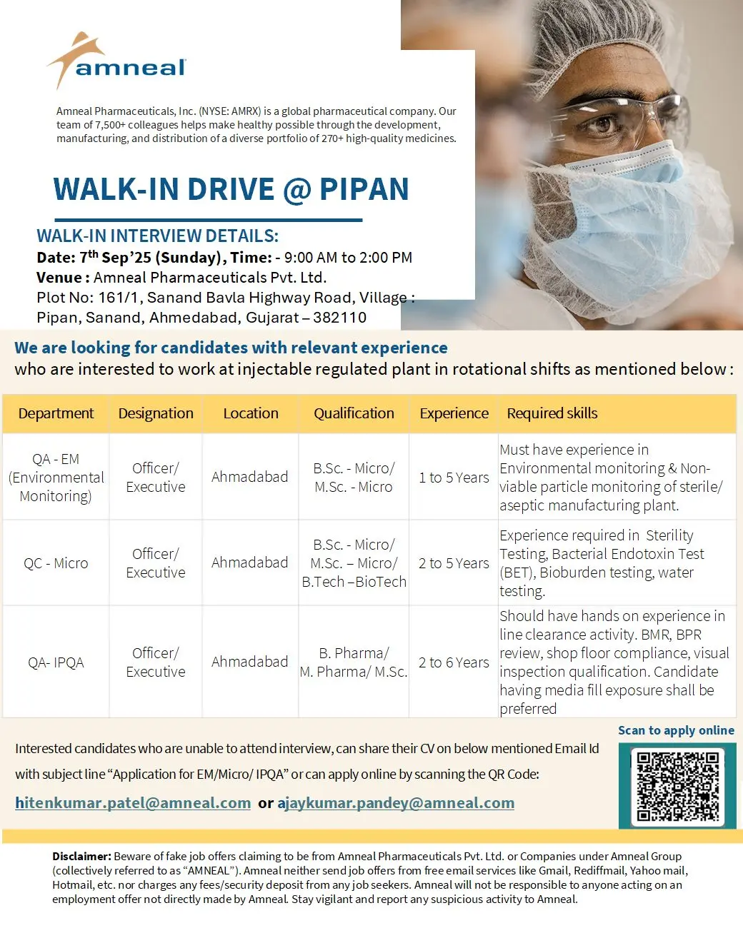 Amneal Pharma Walk-in QA-EM, QC-Micro & QA-IPQA