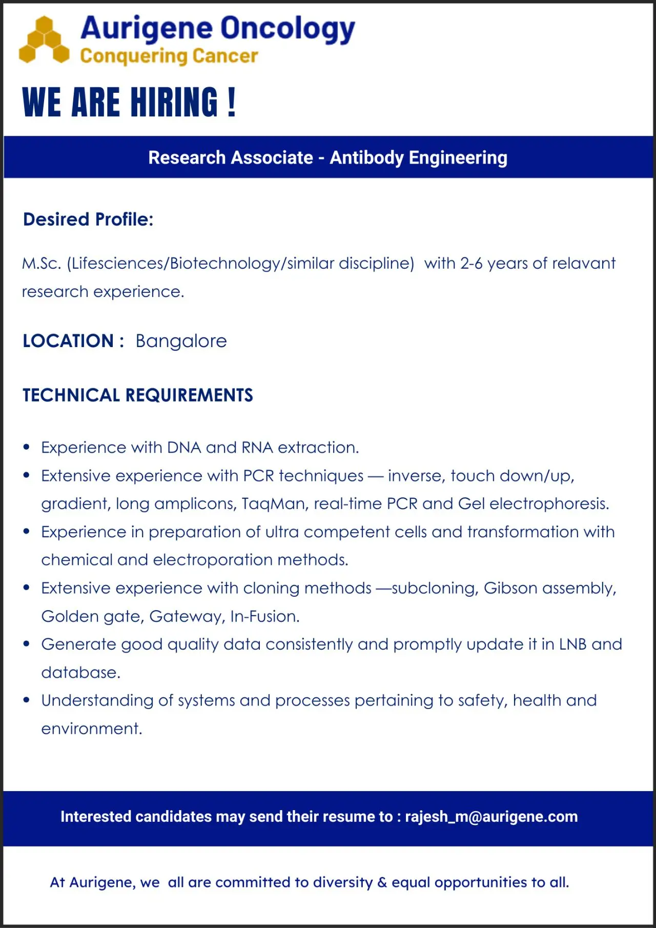 Aurigene Oncology Hiring Research Associate – Antibody Engineering