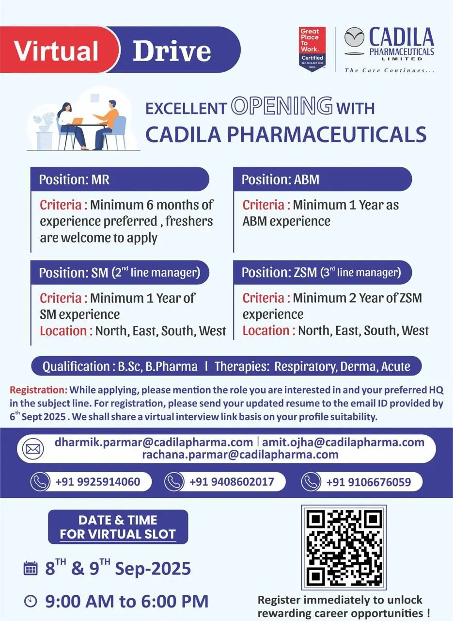 Cadila Pharma Hiring MR, ABM, SM, ZSM