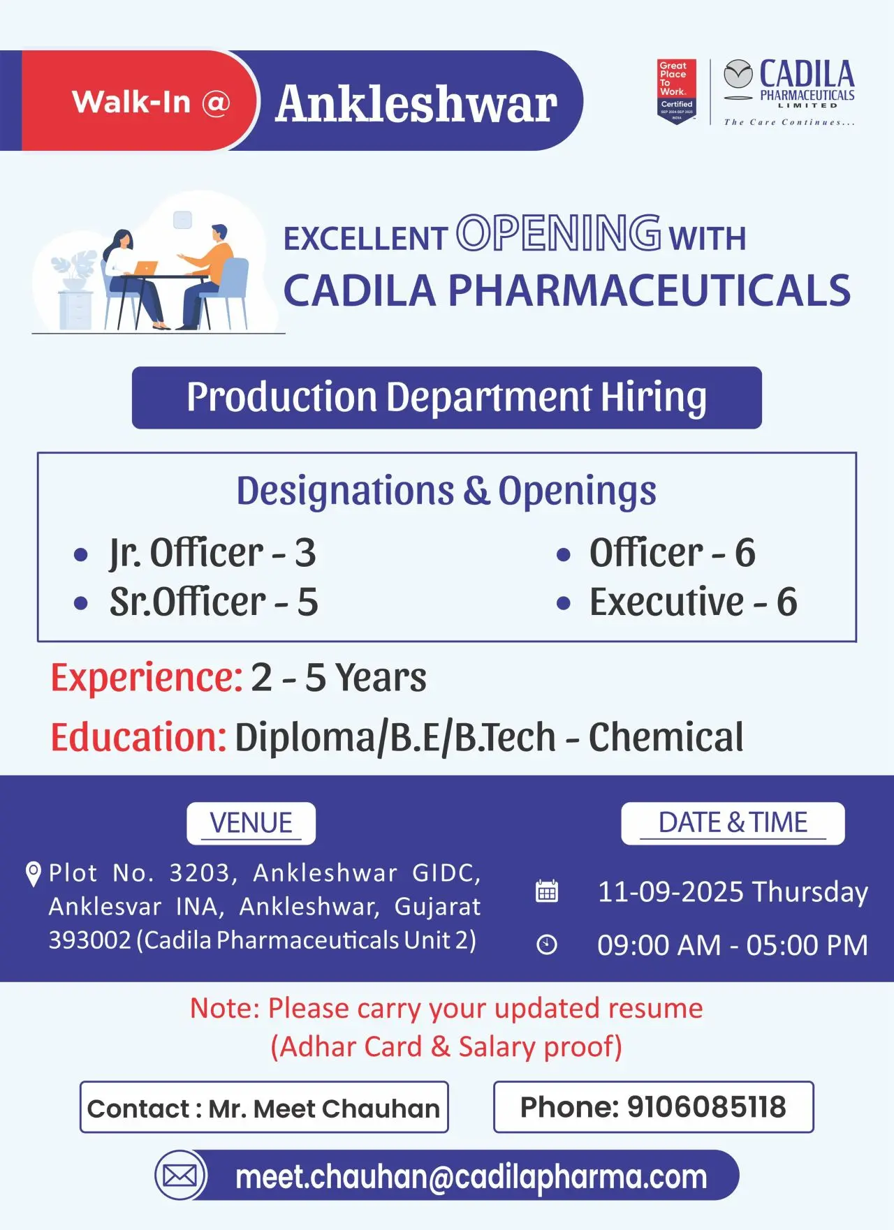 Cadila Pharmaceuticals Walk-in Production Department