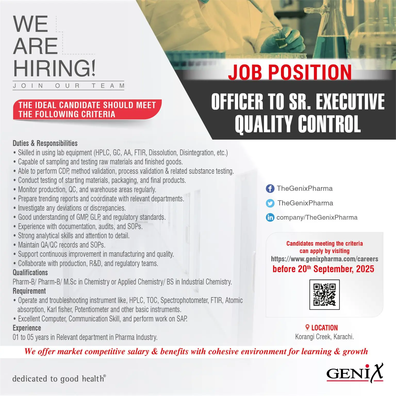 Genix Pharma Hiring Officer to Sr. Executive – Quality Control (1)
