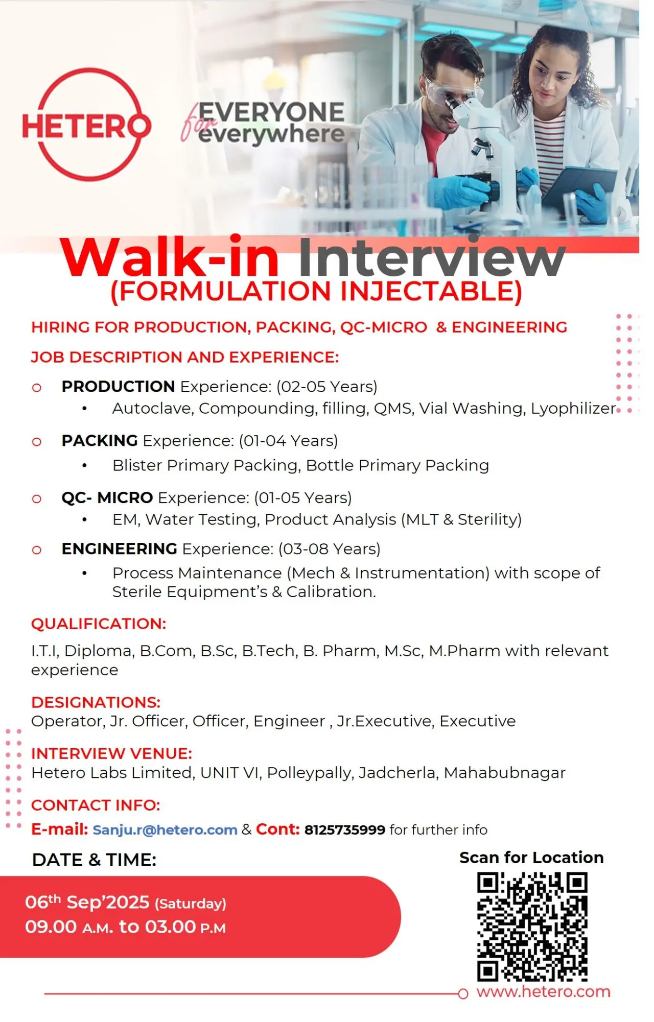 Hetero Walk-in Production, QC & Engineering