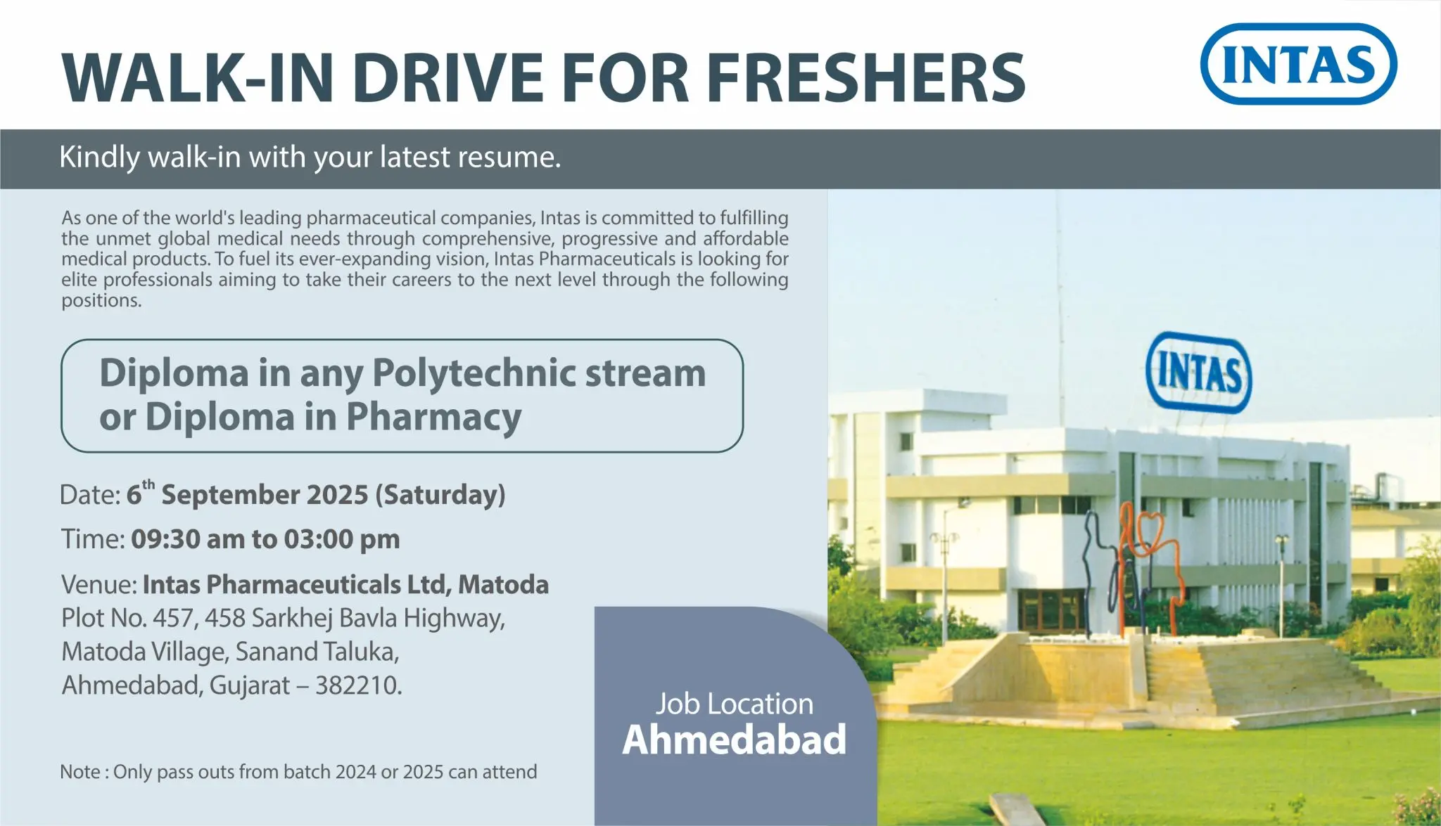 Intas Pharmaceuticals walk-in Freshers Walk-in Drive (Multiple Roles)