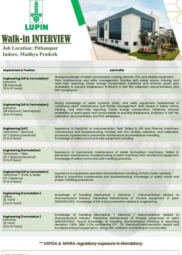 Lupin conducting walk-in Production, QC, Warehouse & Engineering