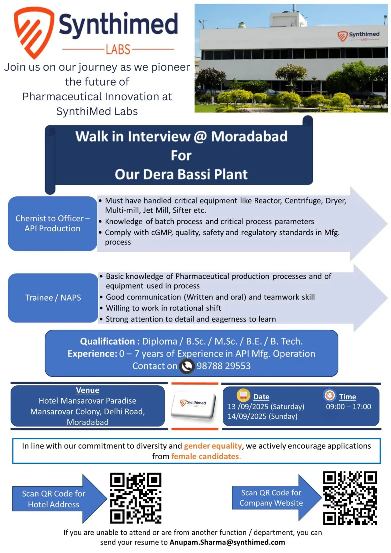SynthiMed Labs Walk-in Chemists, Officers & Trainees for API Production