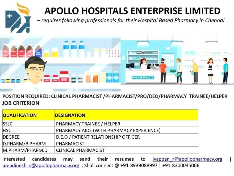 apollo pharmacy job openings clinical pharmacistsaid trainee helpers