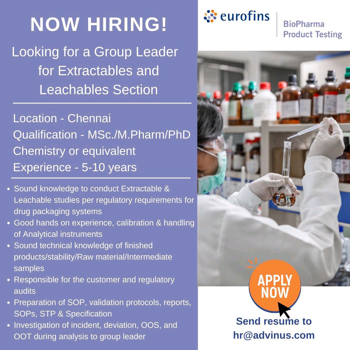 eurofins hiring for freshers experience candidates business development project management research scientist