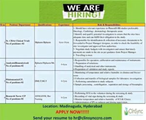 Fresher Bioanalytical, Clinical research Jobs in Hyderabad for B pharm, Msc, M Pharmacy Students