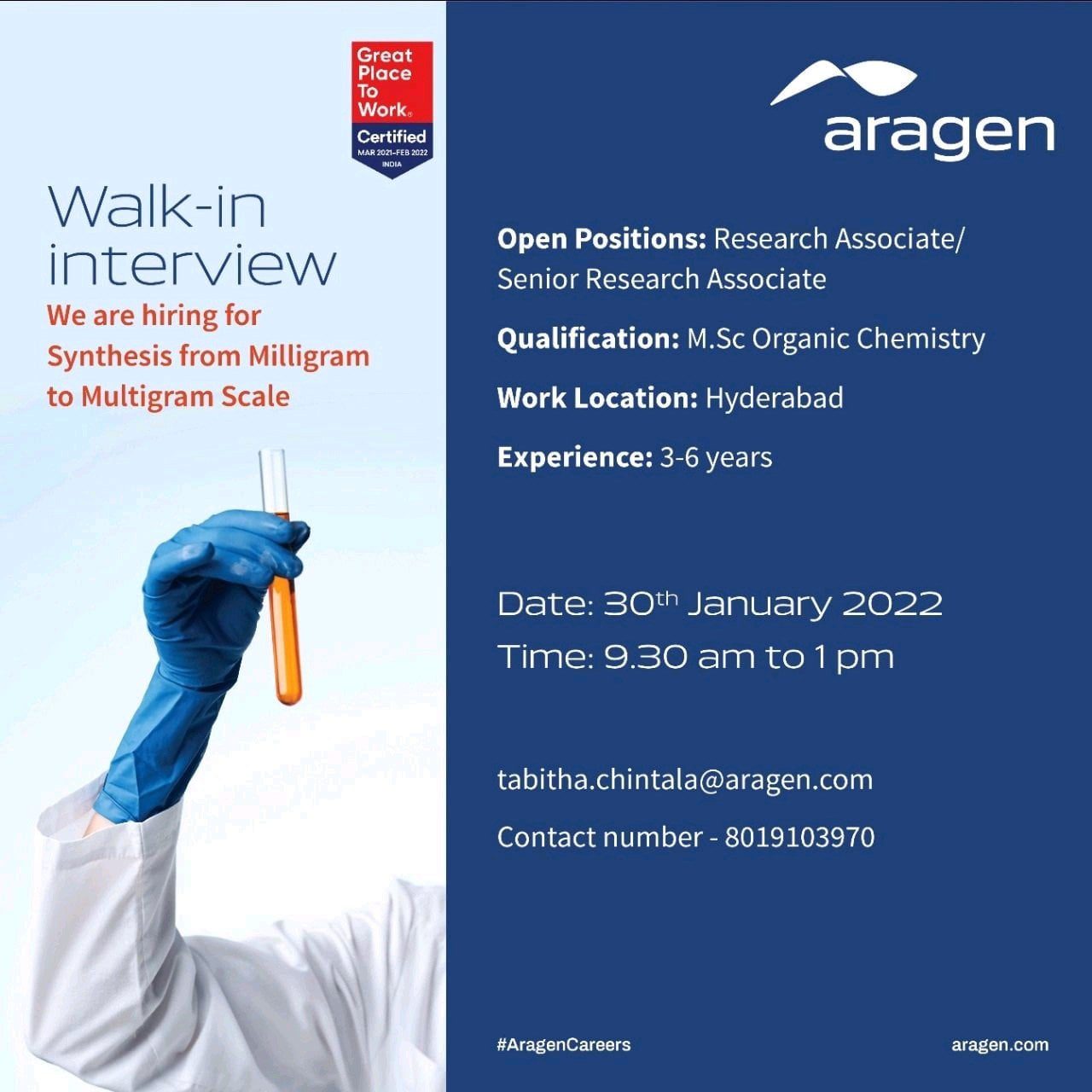 Aragen Lifesciences hiring for Synthesis from Milligram to Multigram Scale Research Associate 
