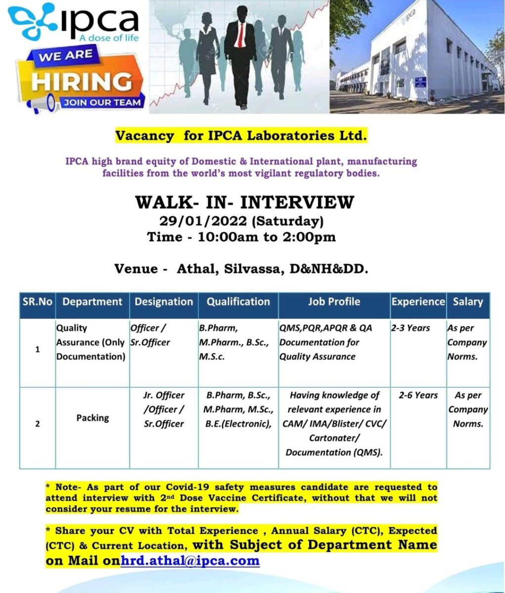 Ipca Laboratories Looking for Bsc, m pharm, b pharm, msc Candidates for Quality Assurance, Packing Departments at Silvassa