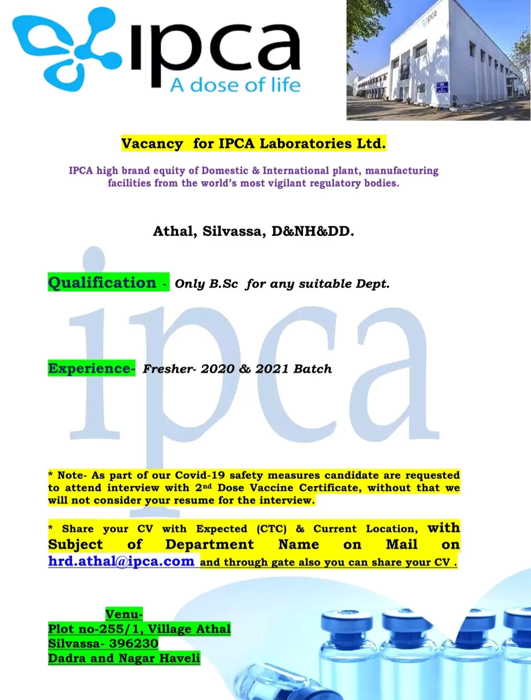 ipca laboratories fresher openings for bsc students any suitable department