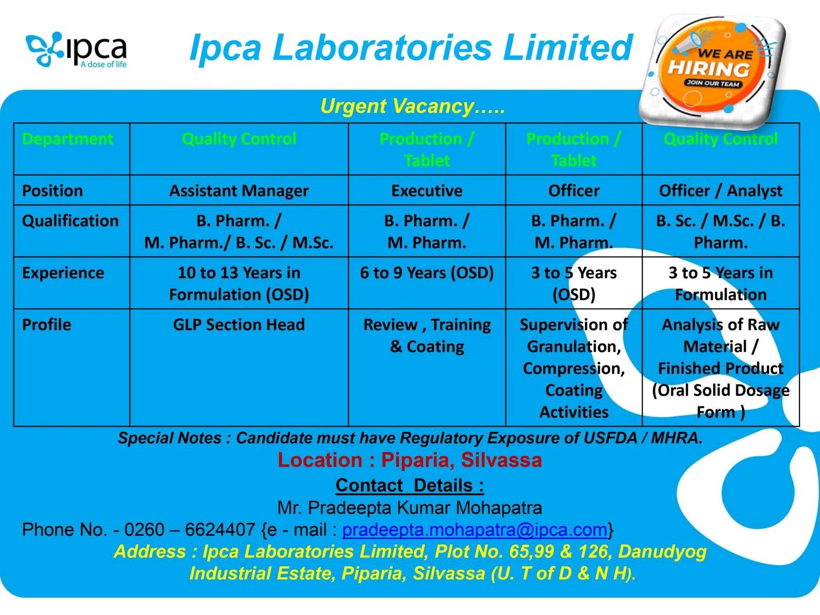 IPCA Laboratories urgent vacancy in production, QC for Pharmacy, Bsc, Msc Candidates