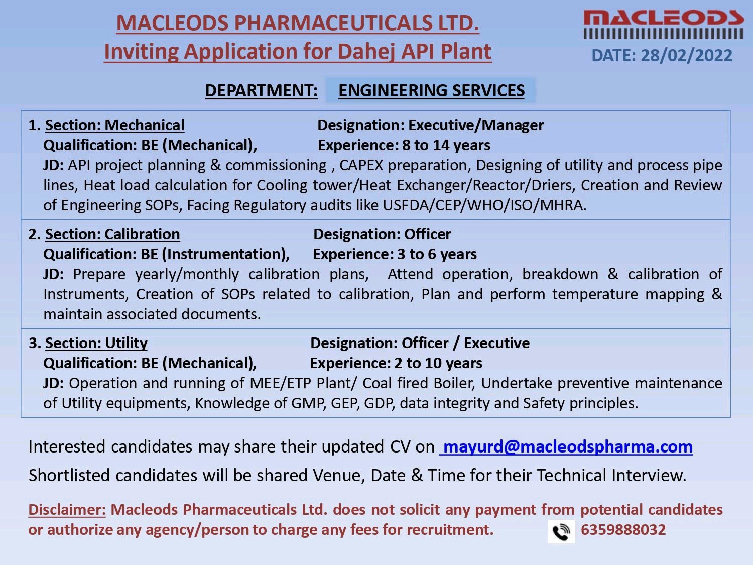 macleods inviting application pharmaceutical engineering services department at dahej api plant