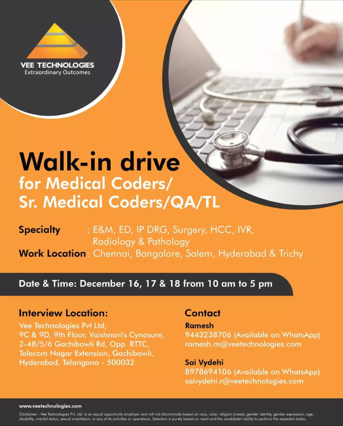 Walk-in drive for Medical Coders/ Sr. Medical Coders/QA/TL