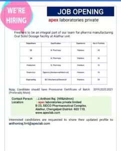 Freshers Pharma Jobs for Pharmacy, Diploma students in QA,QC, Production and Engineering Departments