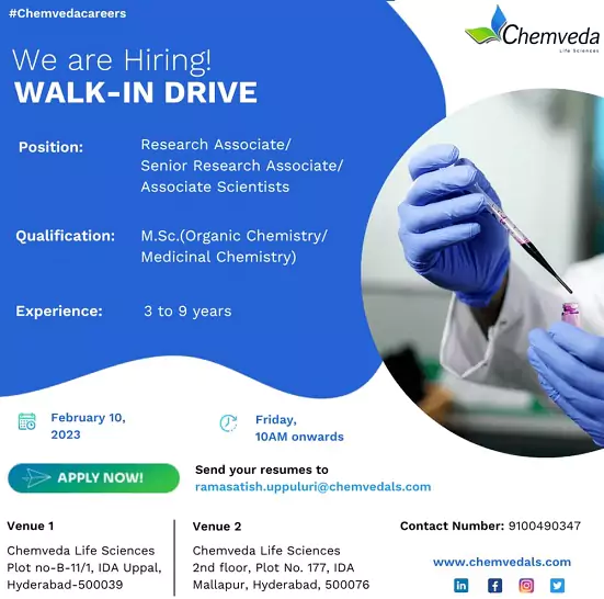 Chemveda Hiring Discovery Chemistry solutions working personals 2023