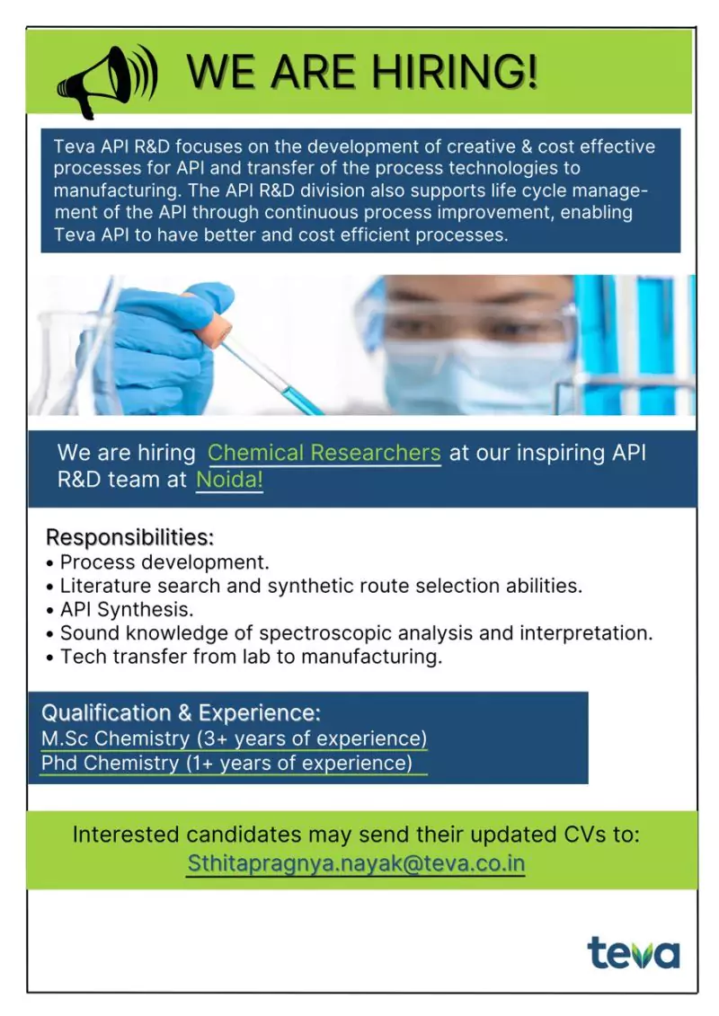 TEVA pharma jobs - chemical researcher vacancies in noida