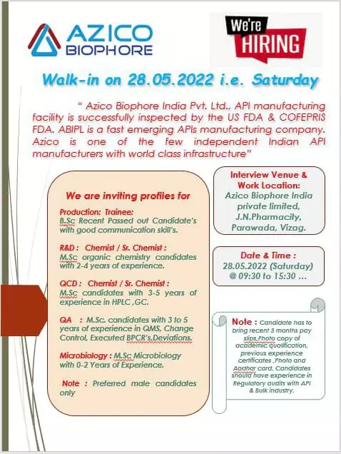 %titl azico biophore walk in interview for production rd qc microbiology department
