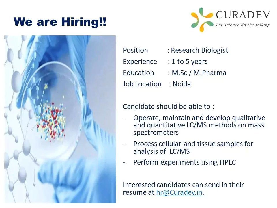%titl curadev research biologists job openings for msc m pharmacy candidates