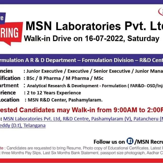 Formulation AR&D Pharma walk in at Hyderabad - MSN Laboratories