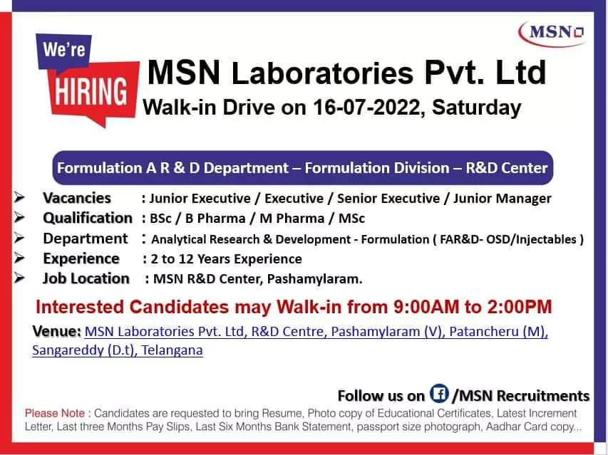 Formulation AR&D Pharma walk in at Hyderabad - MSN Laboratories