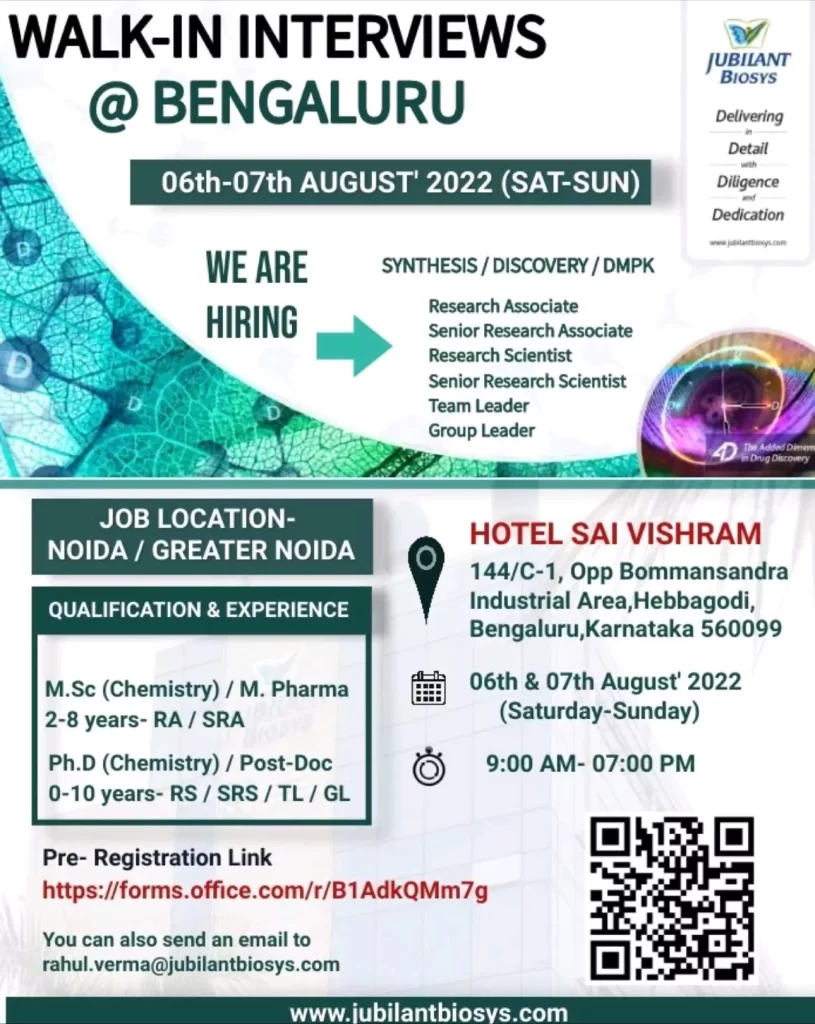Jubilant Biosys walk in Bangalore - SYNTHESIS / DISCOVERY / DMPK