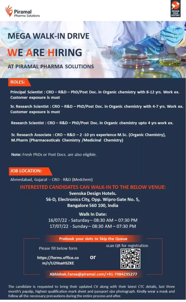 Piramal Pharma - Discovery Solutions - Mega Walk-in Drive Bengaluru Piramal Pharma - Discovery Solutions - Mega Walk-in Drive Bengaluru