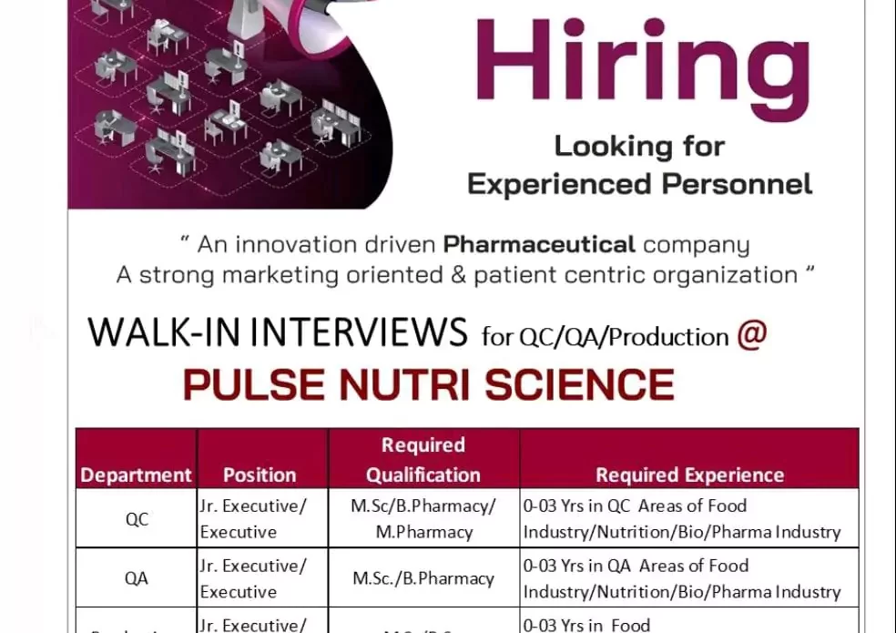 Pulse Nutri Sciences - Freshers & Experienced Personnel for QA, QC & Production