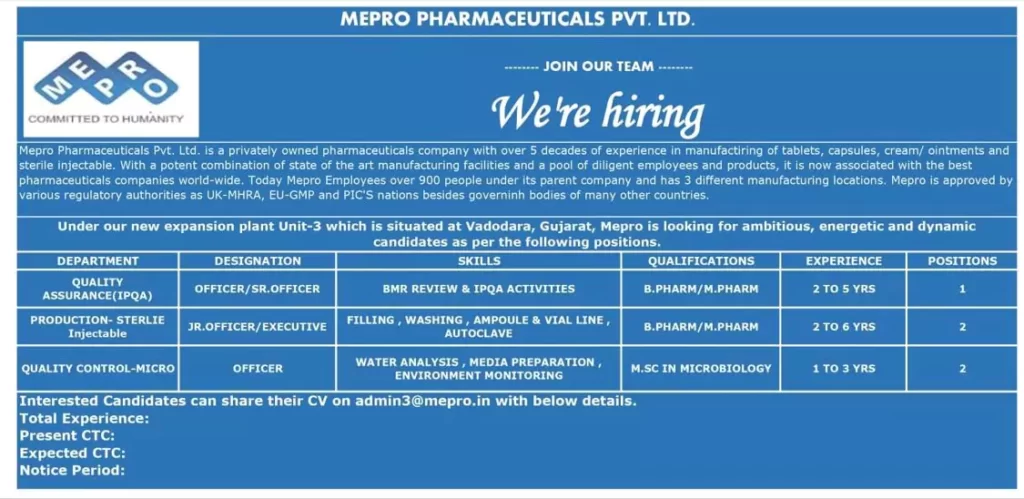 QA, QC - Microbiology & Production Vacancies - Mepro Pharmaceuticals