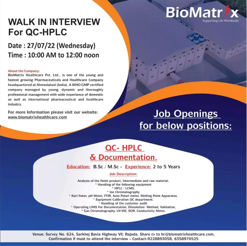 QC-HPLC & Documentation walk in - BioMatrix Healthcare QC-HPLC & Documentation walk in - BioMatrix Healthcare