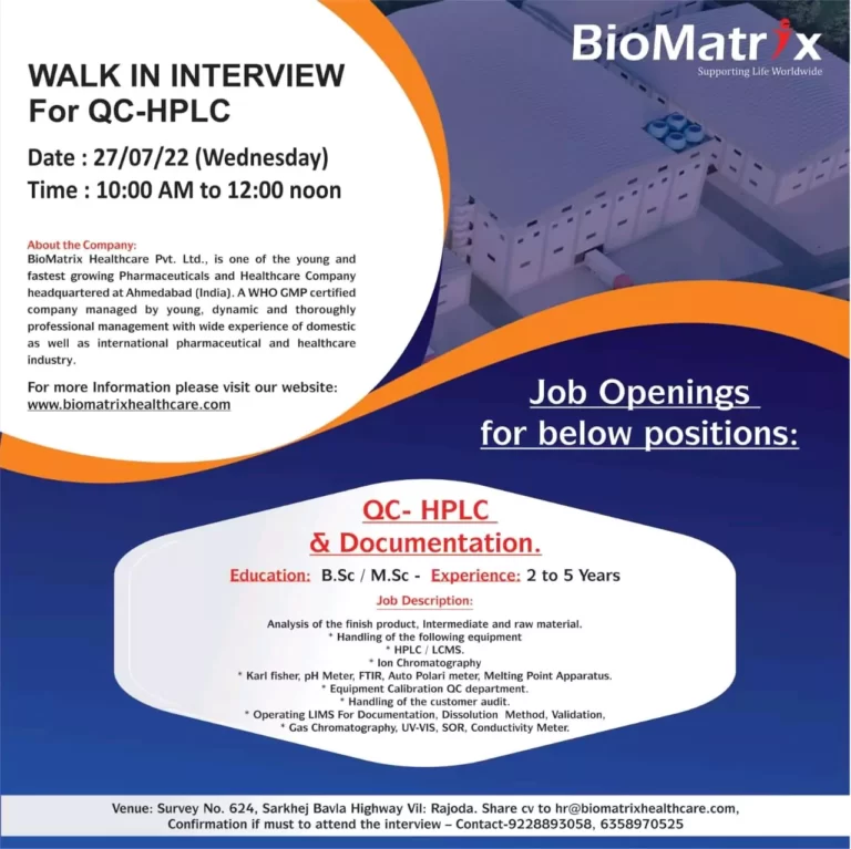 QC-HPLC & Documentation walk in - BioMatrix Healthcare