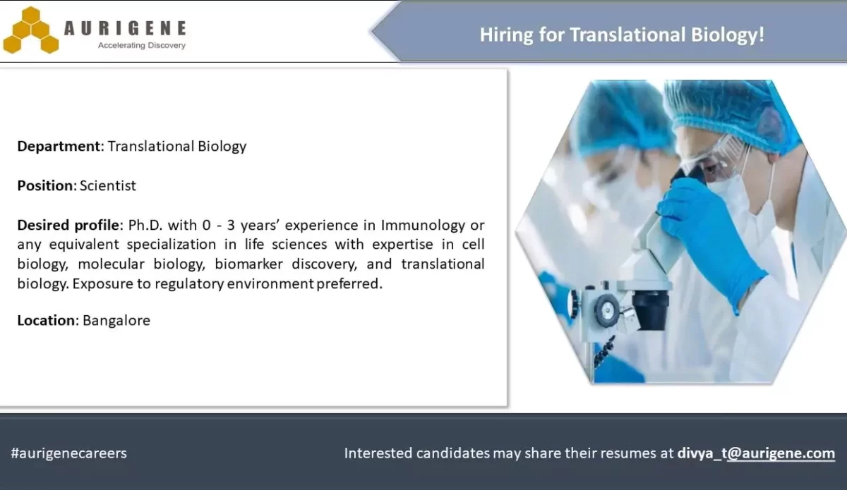 Aurigene Hiring Translational Biology Scientist - Bangalore